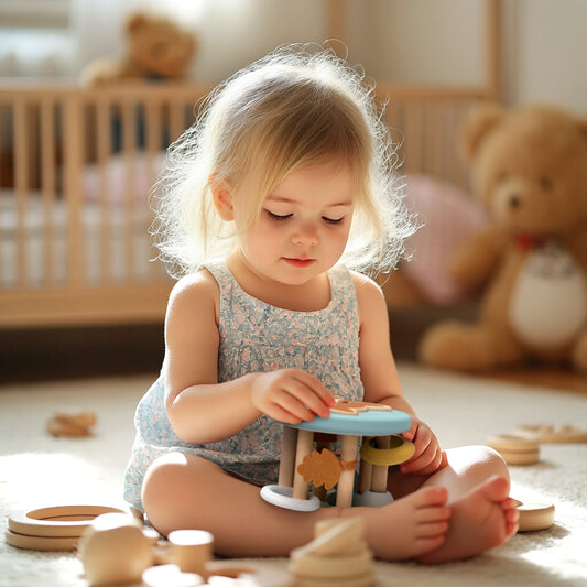 Toddler girl sitting on a nursery floor, focused and playing with a personalised Speedy Monkey Fox Roller Rattle. Wooden sensory baby toy by NARA.