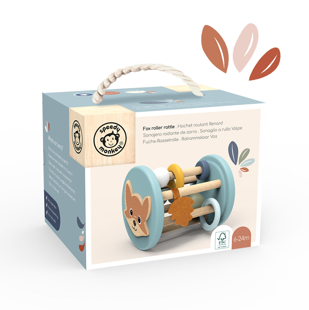 Personalised Speedy Monkey Fox Roller Rattle in gift box — FSC® certified wooden sensory rattle for ages 6–24 months. Premium baby gift by NARA.