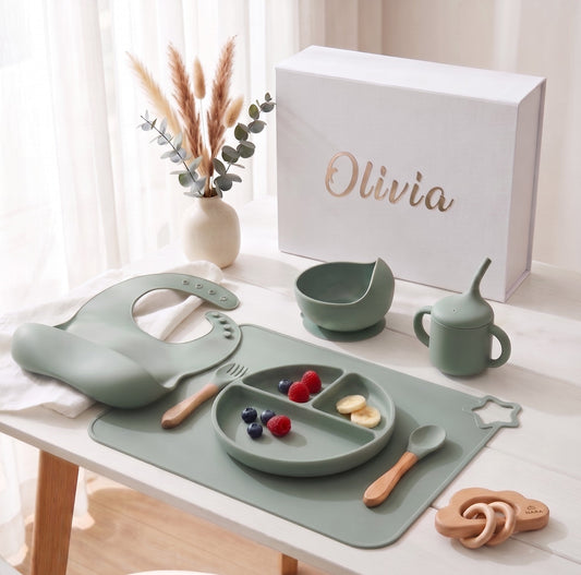 NARA silicone baby feeding set — complete weaning set including spoon, fork, suction plate, bowl, sippy cup, bib and cutlery case