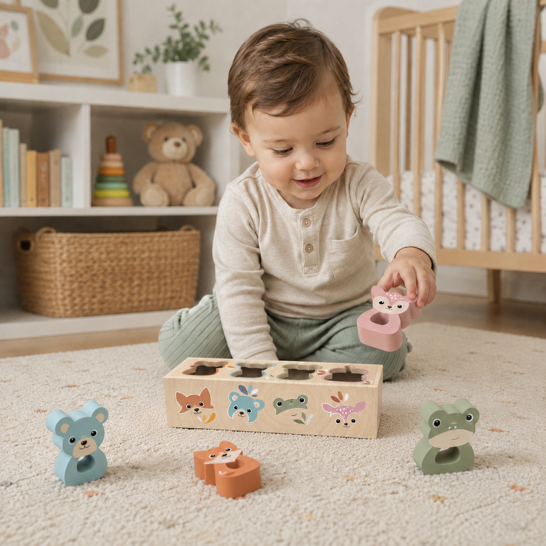 Speedy Monkey wooden animal shape sorter — FSC certified, Montessori-inspired wooden toy for babies and toddlers by NARA