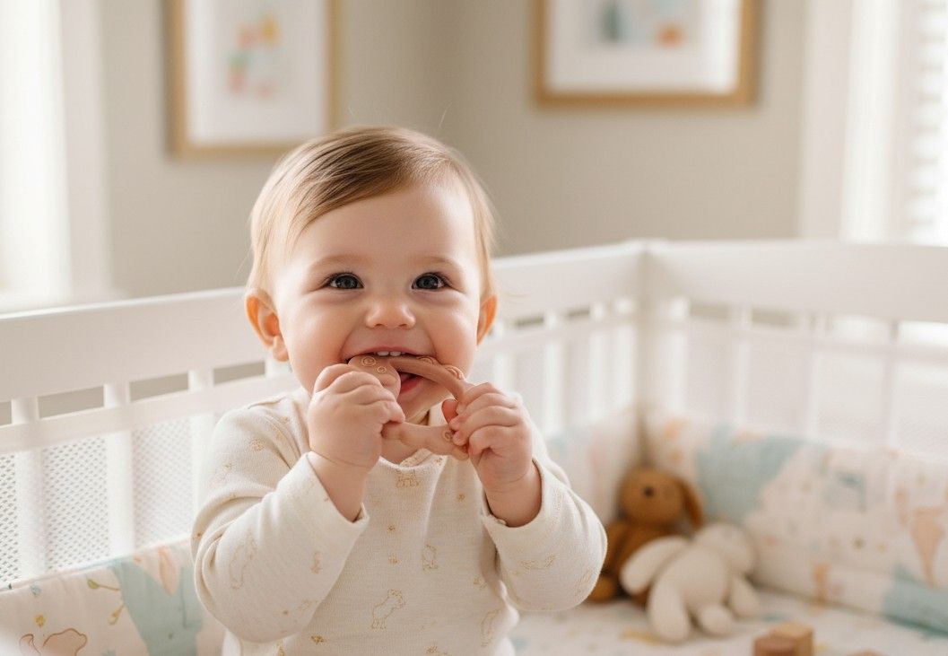 Baby chewing NARA Silicone Lamb Teether in a nursery cot