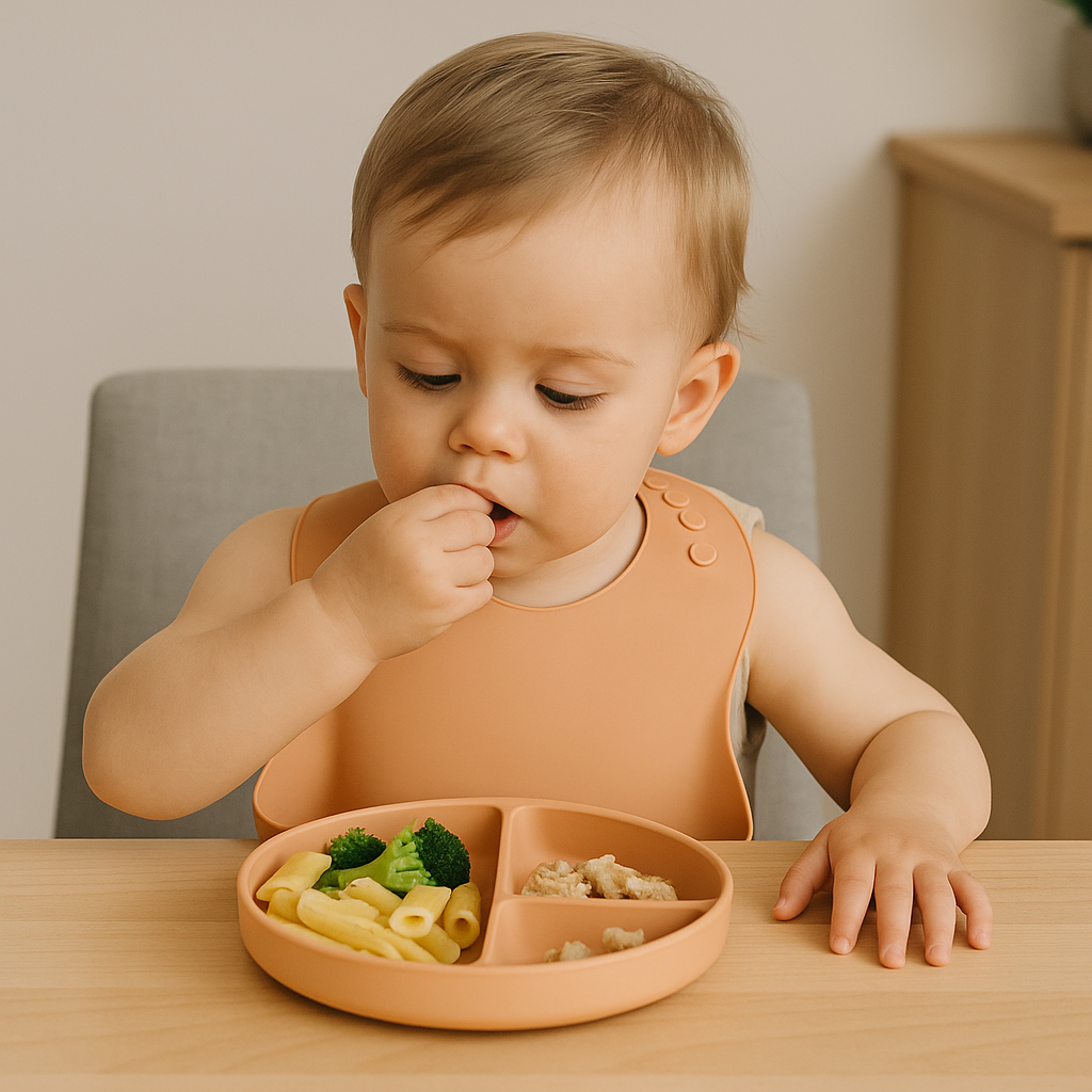 Baby eating pasta and broccoli from NARA Silicone Suction Plate in Neutral Beige