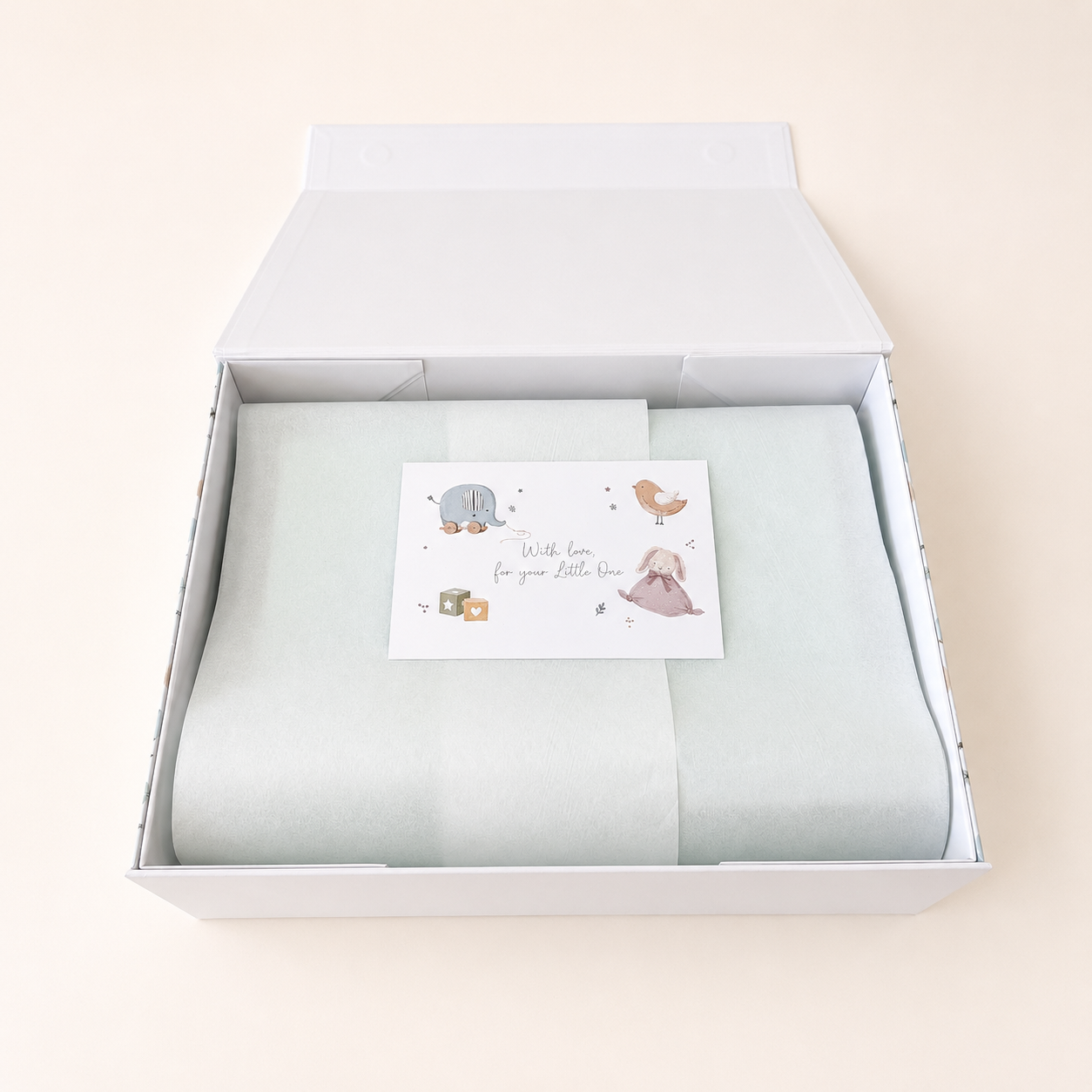 NARA Magnetic Keepsake Gift Box Grand — open view showing tissue paper lining and gift card