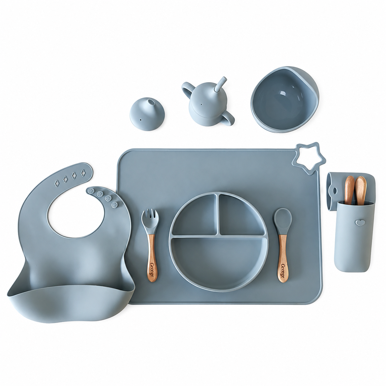 NARA Personalised Silicone Weaning Set in Ether — 8-piece baby feeding set including suction plate, bowl, bib, training cup, placemat, cutlery case and personalised wooden spoon and fork