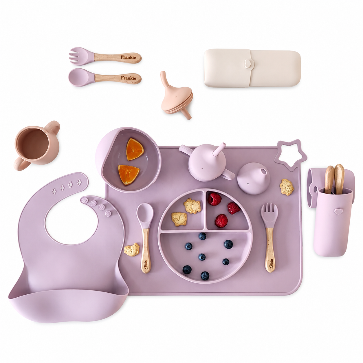 NARA silicone baby mealtime set in Pale Mauve — placemat, suction plate, bowl, bib, cup and cutlery case