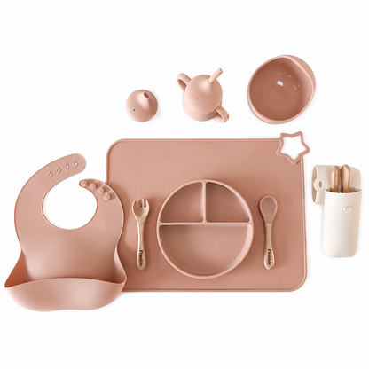 NARA Personalised Silicone Weaning Set in Neutral Beige — 8-piece baby feeding set including suction plate, bowl, bib, training cup, placemat, cutlery case and personalised wooden spoon and fork