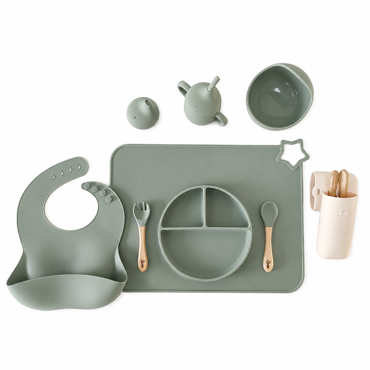 NARA Personalised Silicone Weaning Set in Sage Green — 8-piece baby feeding set including suction plate, bowl, bib, training cup, placemat, cutlery case and personalised wooden spoon and fork