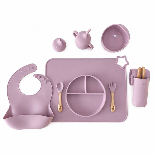 NARA Personalised Silicone Weaning Set in Pale Mauve — 8-piece baby feeding set including suction plate, bowl, bib, training cup, placemat, cutlery case and personalised wooden spoon and fork