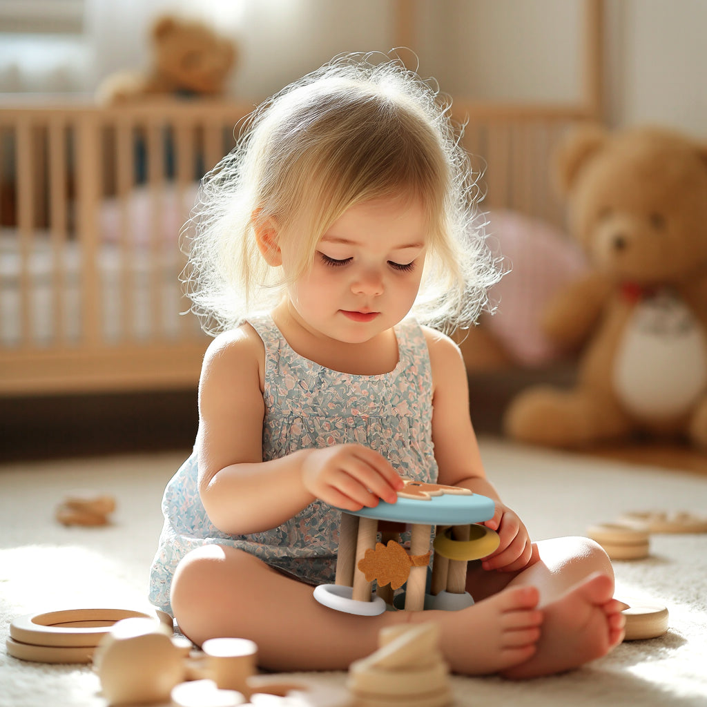 Toddler girl sitting on a nursery floor, focused and playing with a personalised Speedy Monkey Fox Roller Rattle. Wooden sensory baby toy by NARA.