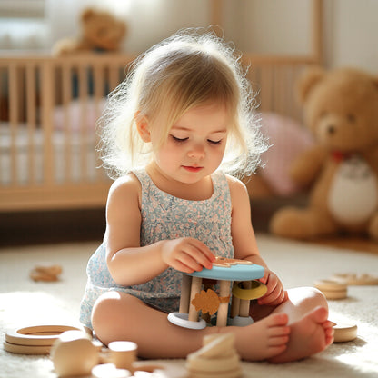 Toddler girl sitting on a nursery floor, focused and playing with a personalised Speedy Monkey Fox Roller Rattle. Wooden sensory baby toy by NARA.