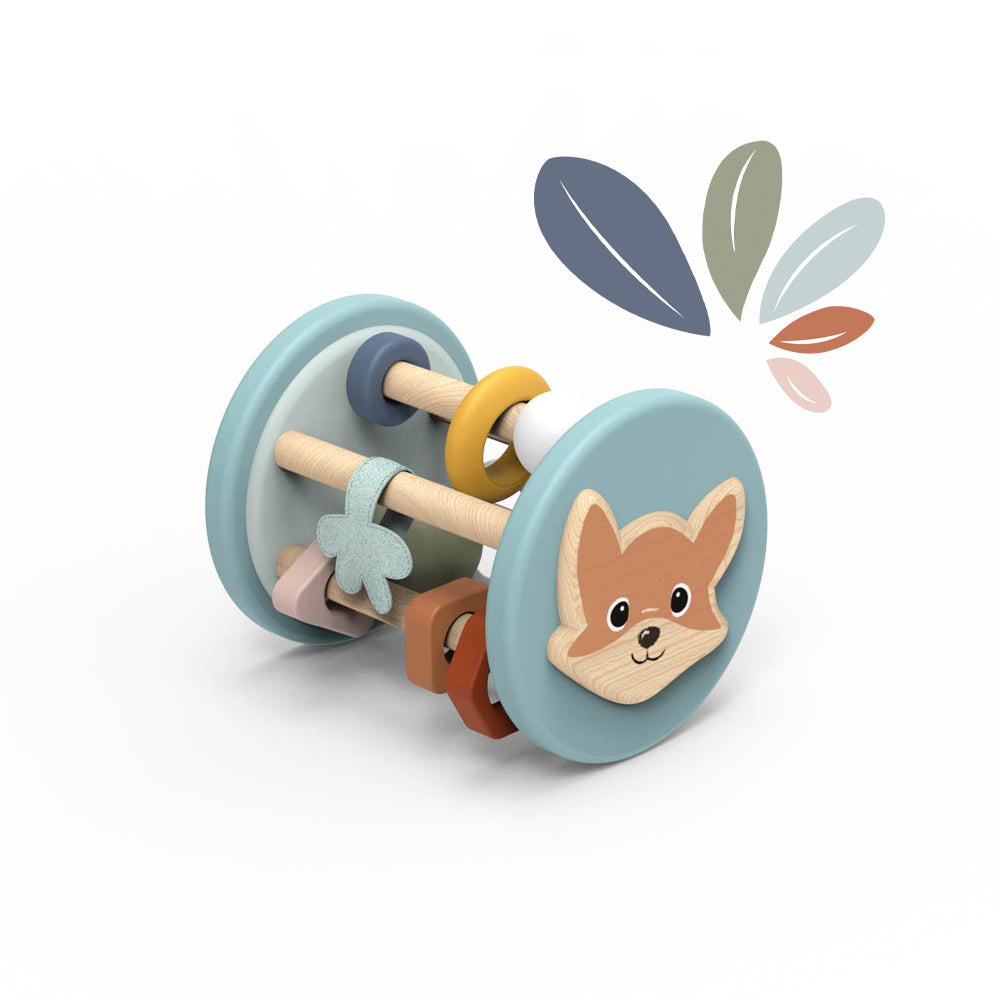 Personalised Speedy Monkey Fox Roller Rattle — sage blue wooden roller rattle with fox illustration, earthy beads and shapes. Sensory baby toy for 6 months+ by NARA.