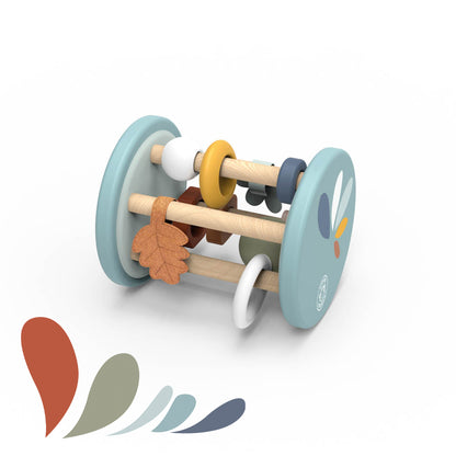 Personalised Speedy Monkey Fox Roller Rattle — back view showing sage blue wooden roller with leaf charm, mustard ring and earthy beads on natural wood dowels. Baby sensory toy by NARA.