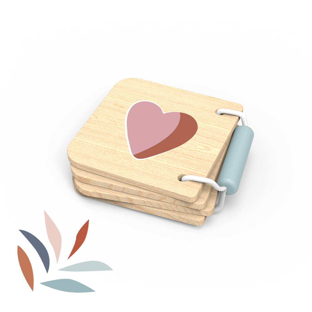 Back page of the Speedy Monkey Little Forest Book — wooden page with a blush pink heart illustration and sage blue spine. Personalised sensory baby toy by NARA.