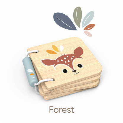 Speedy Monkey Little Forest Book — wooden baby book with deer illustration and muted leaf motifs, white background