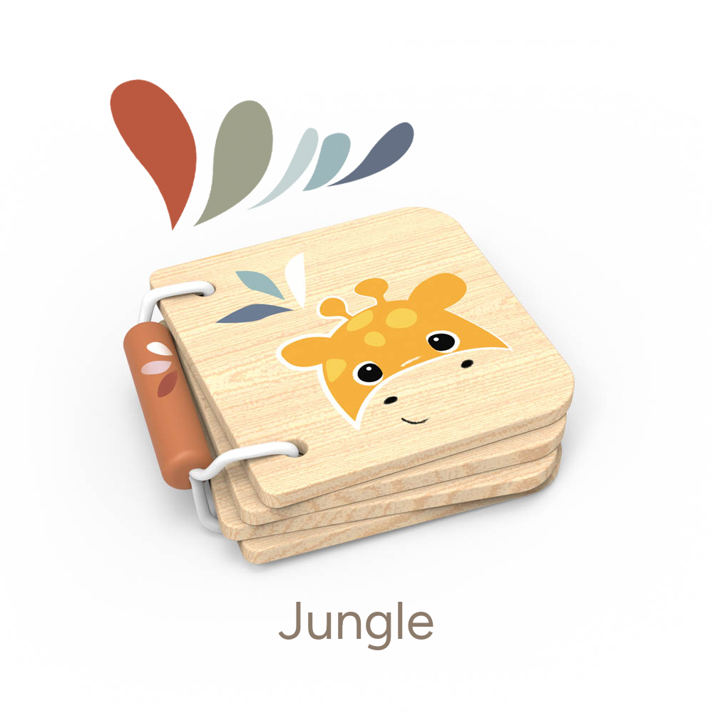 Speedy Monkey Little Jungle Book — wooden baby book with giraffe illustration and colourful leaf motifs, white background