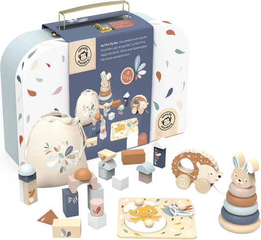 Personalised Speedy Monkey My First Toy Box — FSC® certified wooden toy set for ages 1–3, including stacking rings, pull-along hedgehog, puzzle and building blocks. Premium baby gift by NARA.