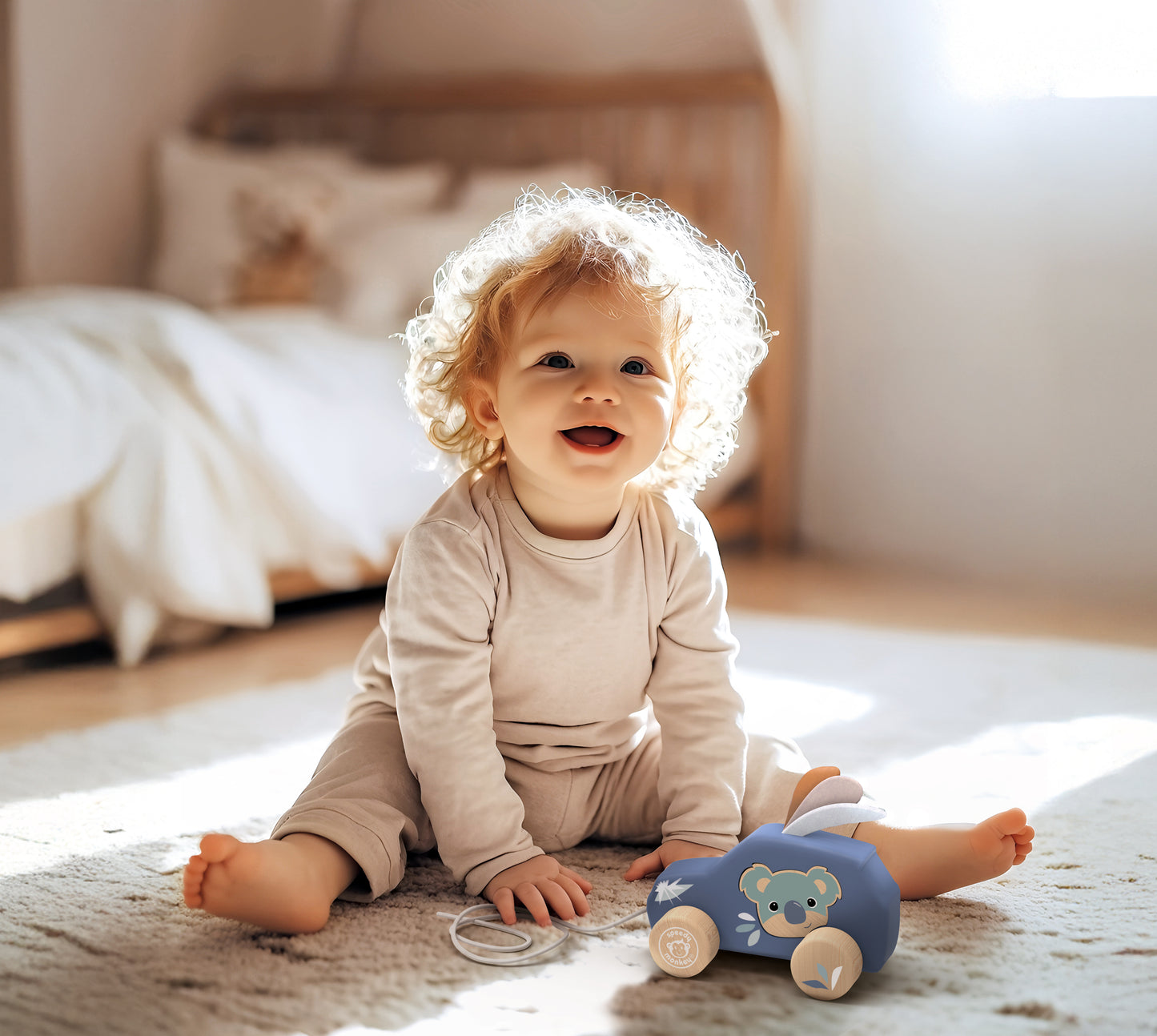 Baby with curly hair smiling and playing with a personalised Speedy Monkey Koala Pull Along Car on a nursery floor. Wooden baby toy by NARA.
