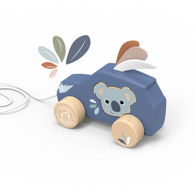 Personalised Speedy Monkey Koala Pull Along Car — slate blue wooden pull-along toy with koala illustration, natural wood wheels and white cord. Baby toy by NARA.