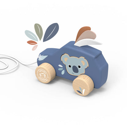 Personalised Speedy Monkey Koala Pull Along Car — slate blue wooden pull-along toy with koala illustration, natural wood wheels and white cord. Baby toy by NARA.