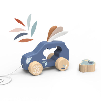 Personalised Speedy Monkey Koala Pull Along Car with removable koala figure shown separately — slate blue FSC® certified wooden toy. Baby gift by NARA.