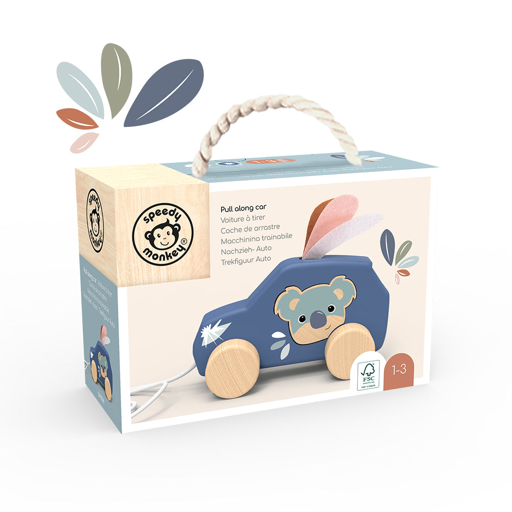 Personalised Speedy Monkey Koala Pull Along Car in gift box — FSC® certified wooden pull-along toy for ages 1–3. Premium baby gift by NARA.