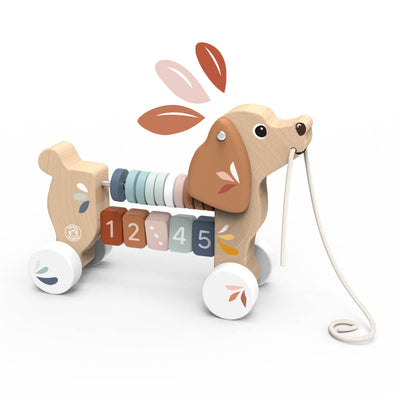 Speedy Monkey Puppy Pull Along — personalised wooden pull-along dog toy with abacus and numbered blocks, in soft Scandi tones. FSC certified toddler gift by NARA.
