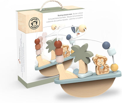 Personalised Speedy Monkey Rocking Beads Maze — wooden rocking bead maze with monkey and palm tree figures, sage green and terracotta beads. Baby toy for ages 1–3 by NARA.