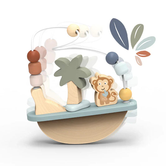 Personalised Speedy Monkey Rocking Beads Maze — wooden rocking toy with bead maze, sage palm tree and monkey figure on a curved base. Montessori baby toy by NARA.