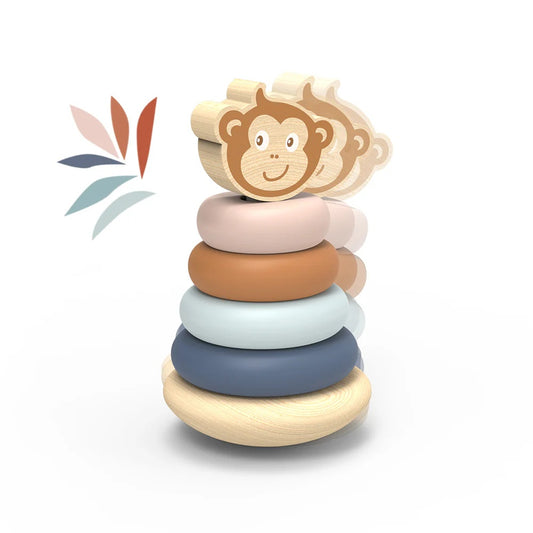 Speedy Monkey Roly-Poly Stacker — personalised wooden ring stacking toy with monkey character topper, in blush, terracotta, sage, and slate. FSC certified baby gift by NARA.