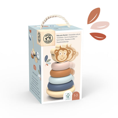 Speedy Monkey Roly-Poly Stacker in its retail box — FSC certified wooden ring stacking toy for ages 1–3, in earthy Scandi tones. Personalised baby gift by NARA.