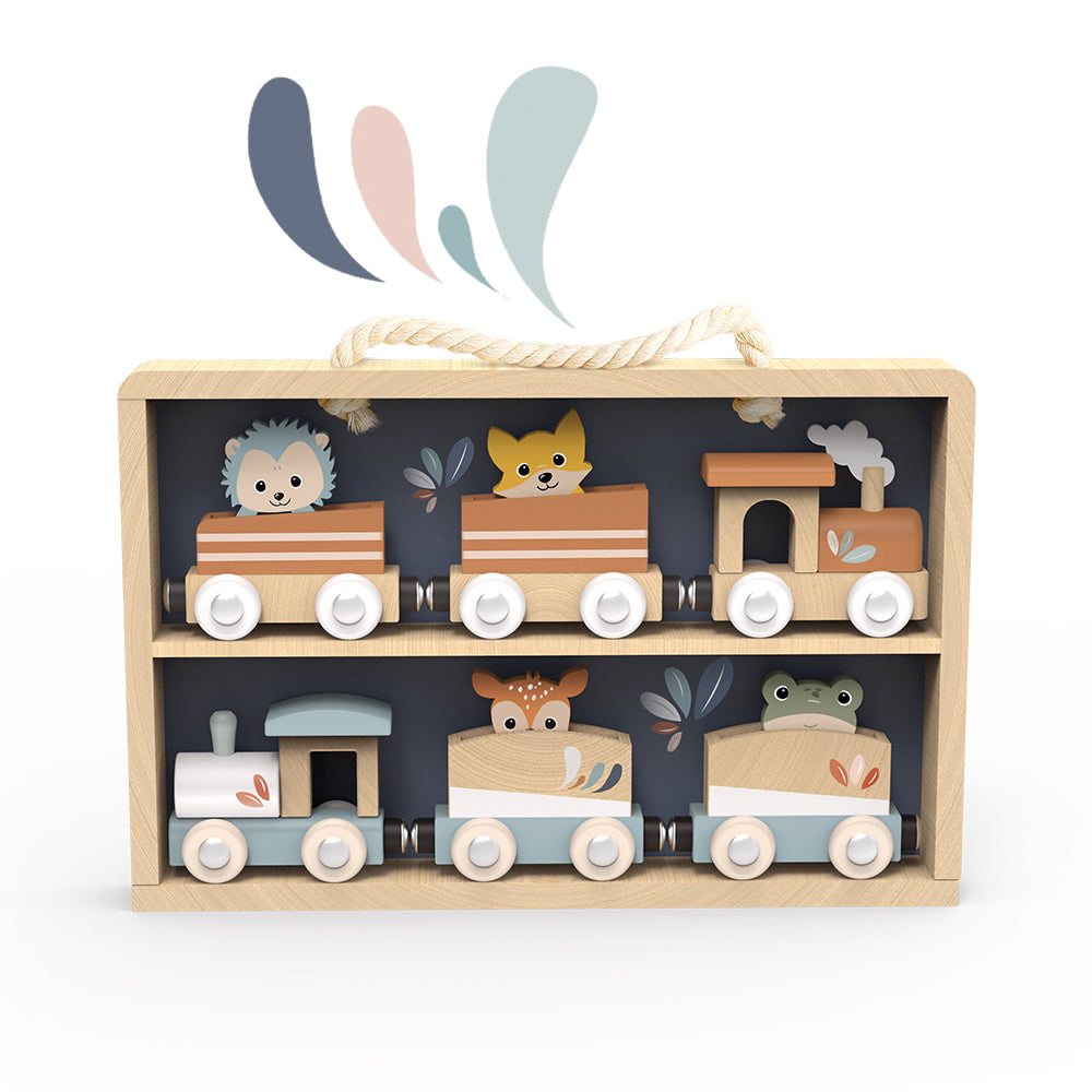 Personalised Speedy Monkey Train Set and Display Case — two wooden trains with hedgehog, fox, deer and frog animal passengers displayed in a natural wood case with rope handle. Wooden toddler toy by NARA.