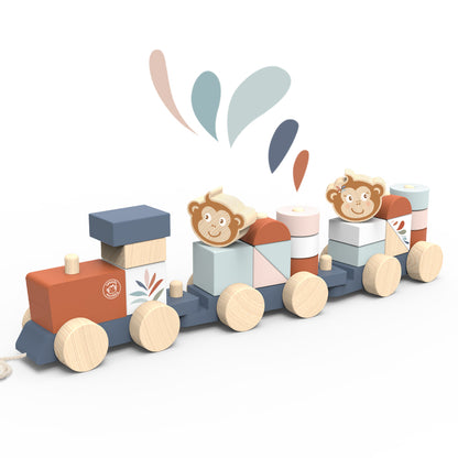 SPEEDY MONKEY Train Stacker — personalised wooden pull-along stacking toy in sage, blush, terracotta, and slate, with cheeky monkey characters. FSC certified baby gift by NARA.