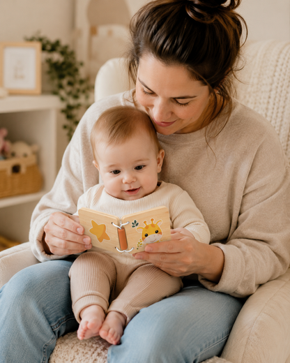 Mother and baby reading the Speedy Monkey Little Jungle Forest Book together — soft wooden baby book with giraffe illustration, perfect first book gift by NARA
