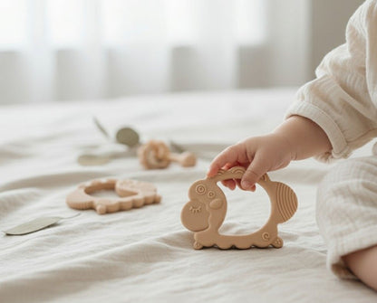 Baby reaching for NARA Silicone Lamb Teether on a white linen surface