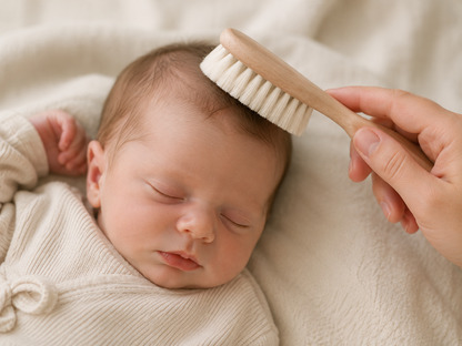 Parent gently brushing a sleeping newborn's hair with the NARA Beechwood Hairbrush