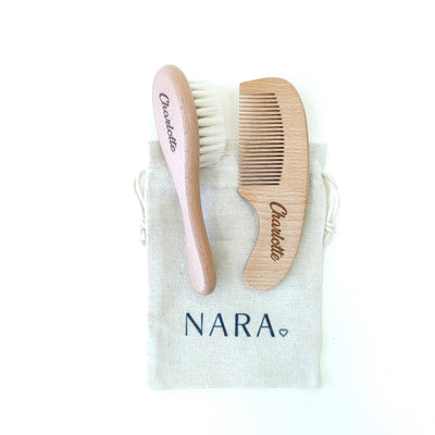 NARA Personalised Beechwood Hairbrush and Comb Set engraved with the name Charlotte, presented on a NARA cotton bag