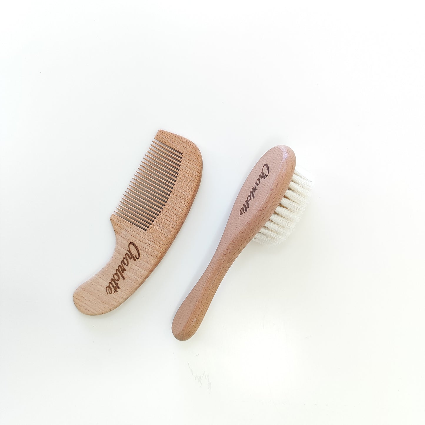 NARA Beechwood Hairbrush and Comb Set — soft goat hair bristles and wide-toothed comb with the name Charlotte engraved on it