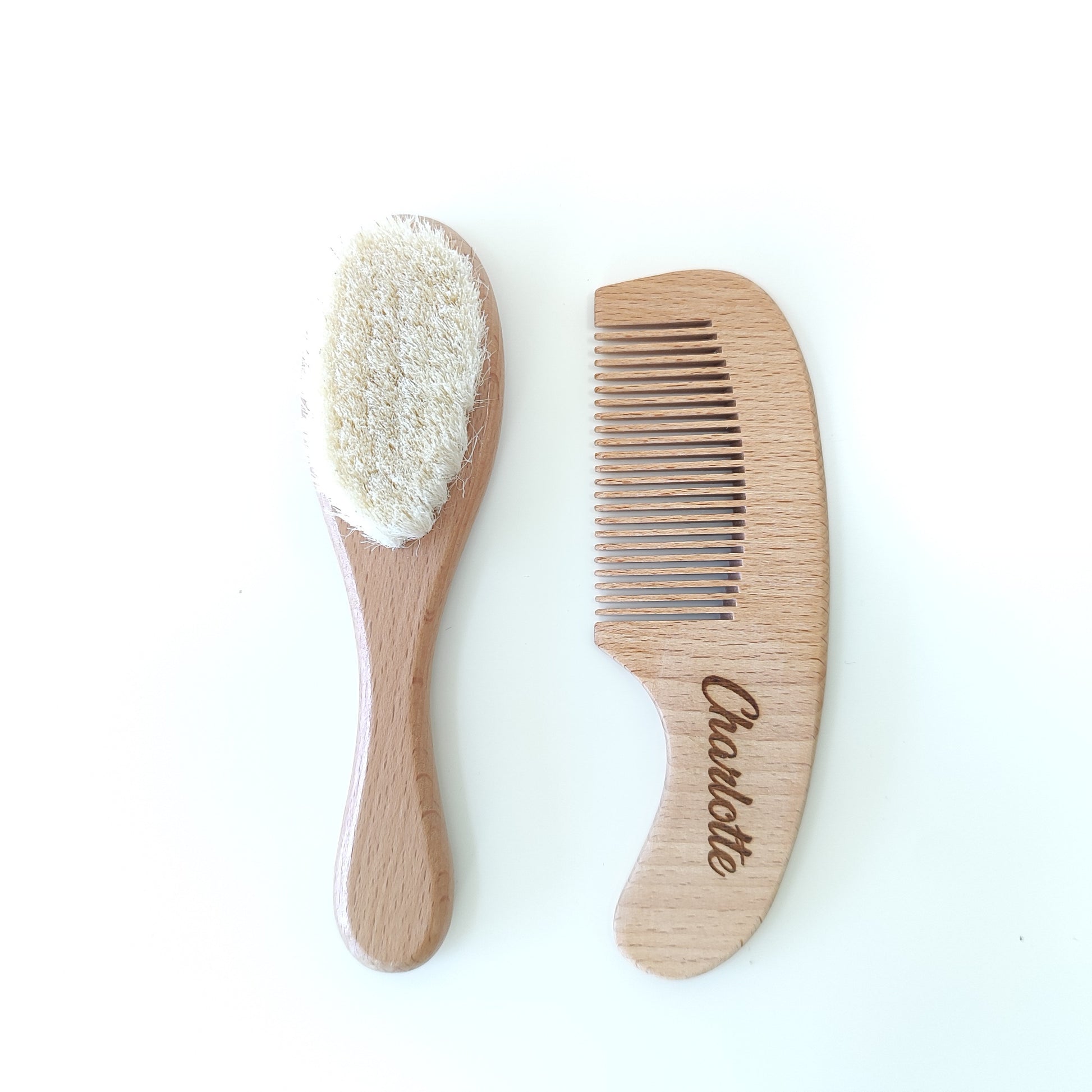 NARA Beechwood Hairbrush and Comb Set — soft goat hair bristles and wide-toothed comb with the name Charlotte engraved on it