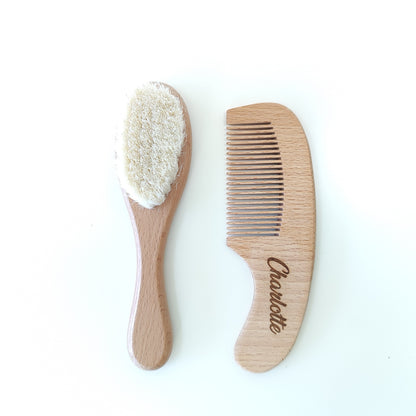 NARA Beechwood Hairbrush and Comb Set — soft goat hair bristles and wide-toothed comb with the name Charlotte engraved on it