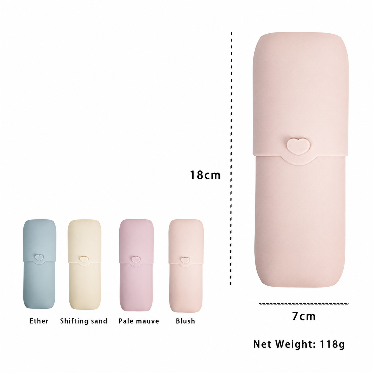 NARA Silicone Cutlery Case dimensions — 18 cm height, 7 cm width, available in Ether, Shifting Sand, Pale Mauve and Blush, net weight 118g