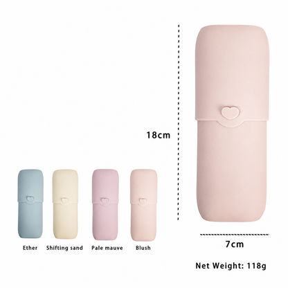 NARA Silicone Cutlery Case dimensions — 18 cm height, 7 cm width, available in Ether, Shifting Sand, Pale Mauve and Blush, net weight 118g