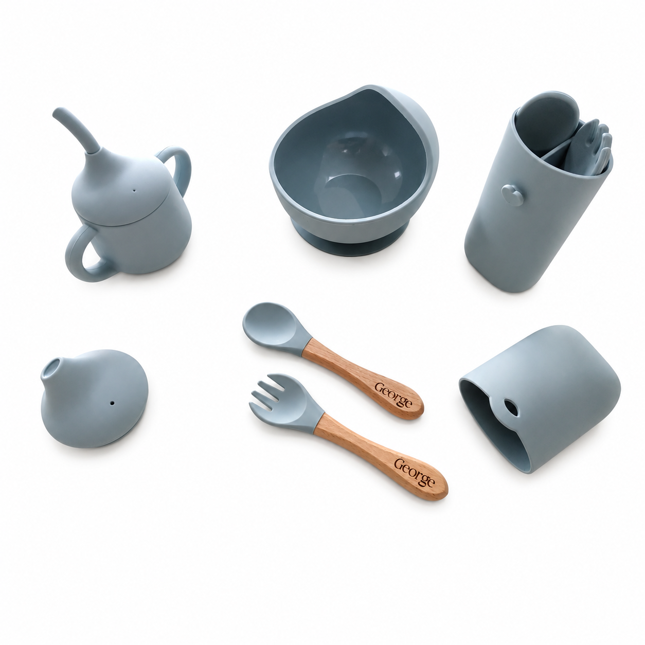 NARA First Bites silicone mealtime set in Ether — suction bowl, training cup with sippy lid, cutlery case and personalised wooden spoon and fork on white background