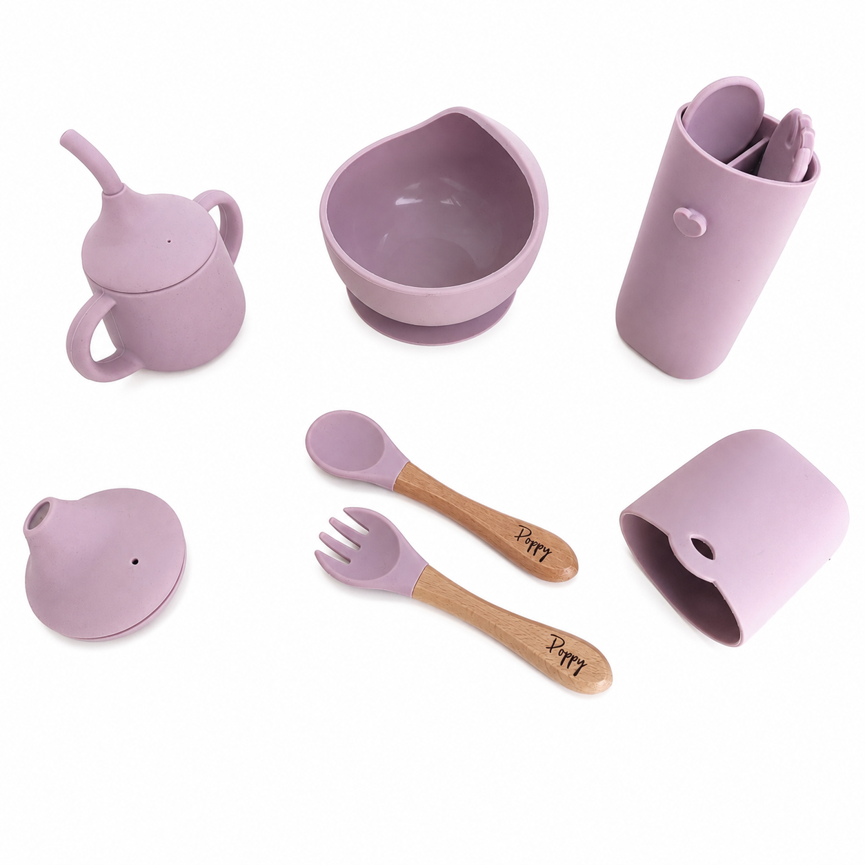 NARA First Bites silicone mealtime set in Pale Mauve — suction bowl, training cup with sippy lid, cutlery case and personalised wooden spoon and fork on white background
