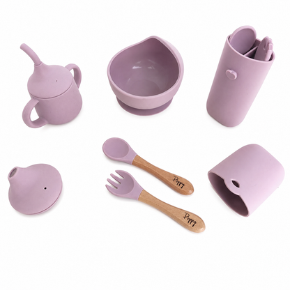 NARA First Bites silicone mealtime set in Pale Mauve — suction bowl, training cup with sippy lid, cutlery case and personalised wooden spoon and fork on white background
