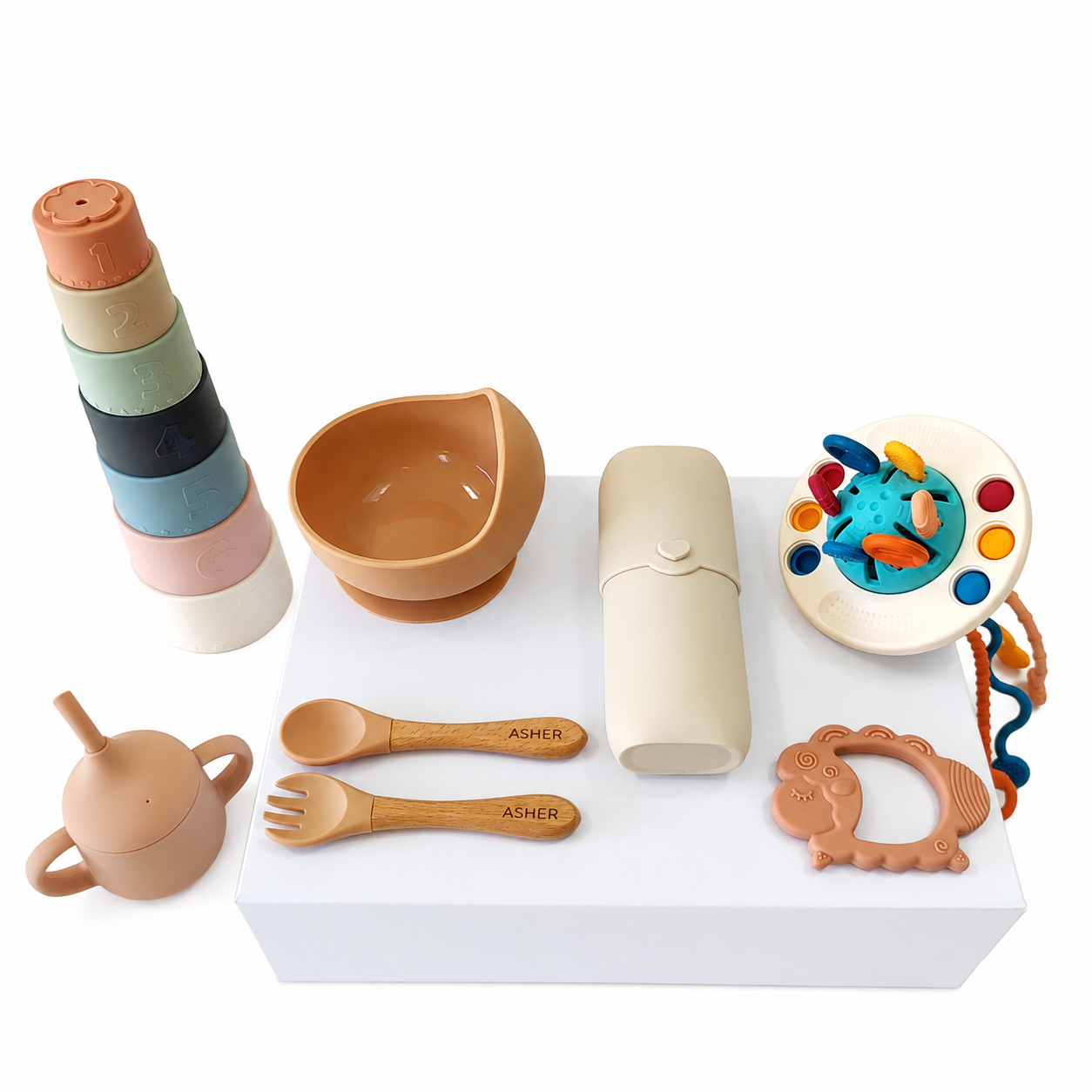 NARA Personalised Out & About Weaning Gift Set — full set including stacking cups, suction bowl, training cup, cutlery case, personalised wooden spoon and fork, UFO sensory toy and lamb teether