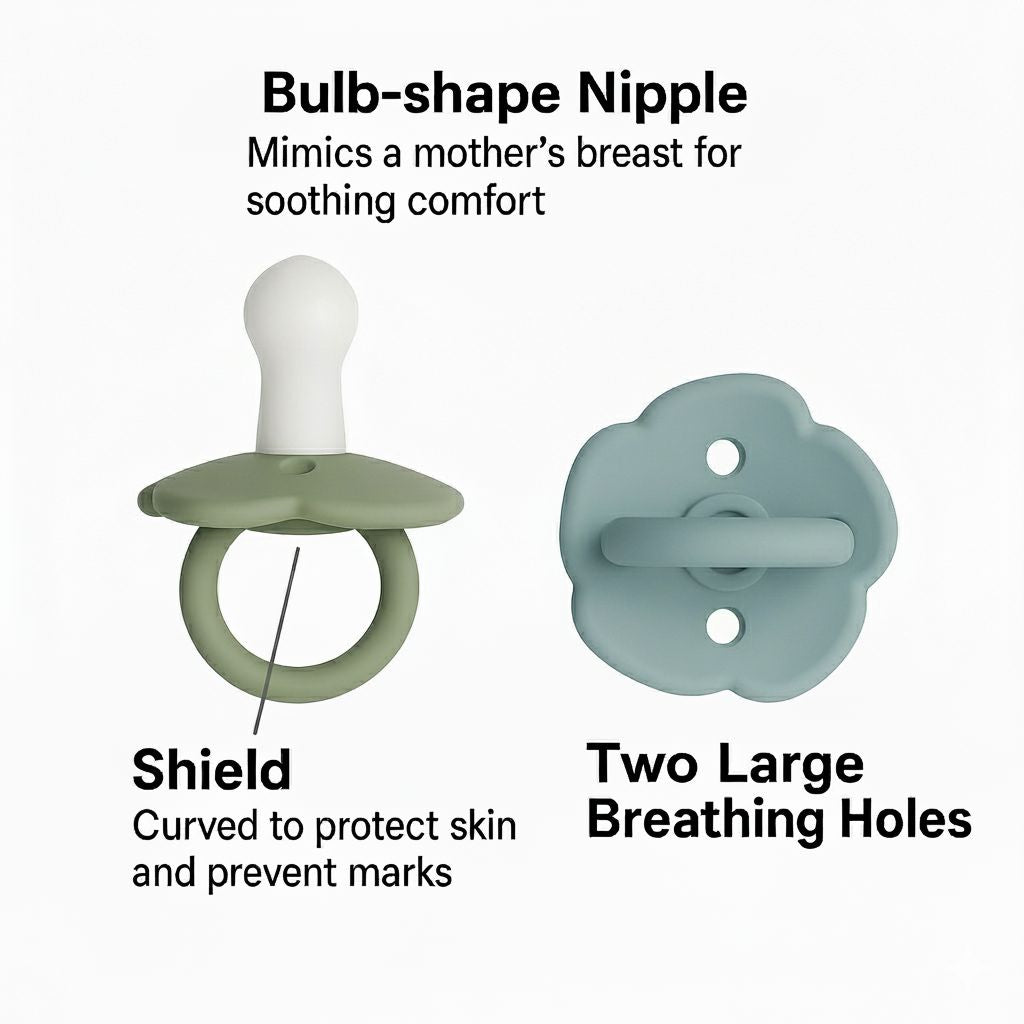 NARA one-piece silicone pacifier features diagram — anti-rash shield with ventilation holes, BPA-free food-grade silicone