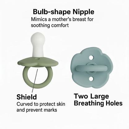 NARA one-piece silicone pacifier features diagram — anti-rash shield with ventilation holes, BPA-free food-grade silicone