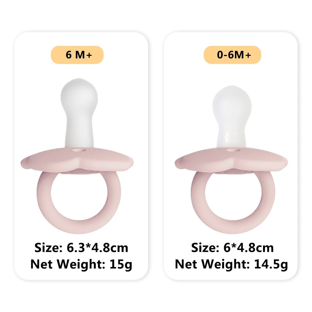 NARA silicone pacifier size comparison — 0–6 months and 6 months+ side by side