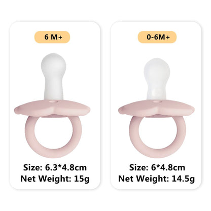 NARA silicone pacifier size comparison — 0–6 months and 6 months+ side by side