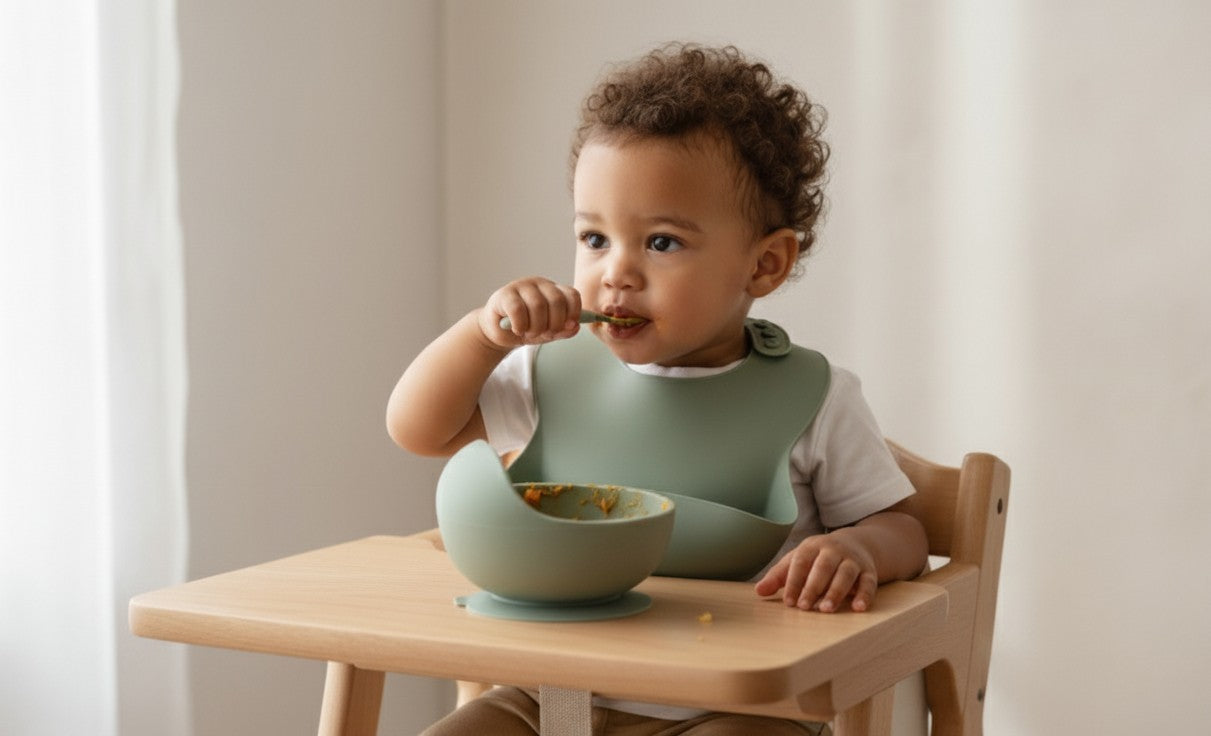Baby self-feeding from NARA silicone suction bowl in Sage Green, wearing matching adjustable silicone bib